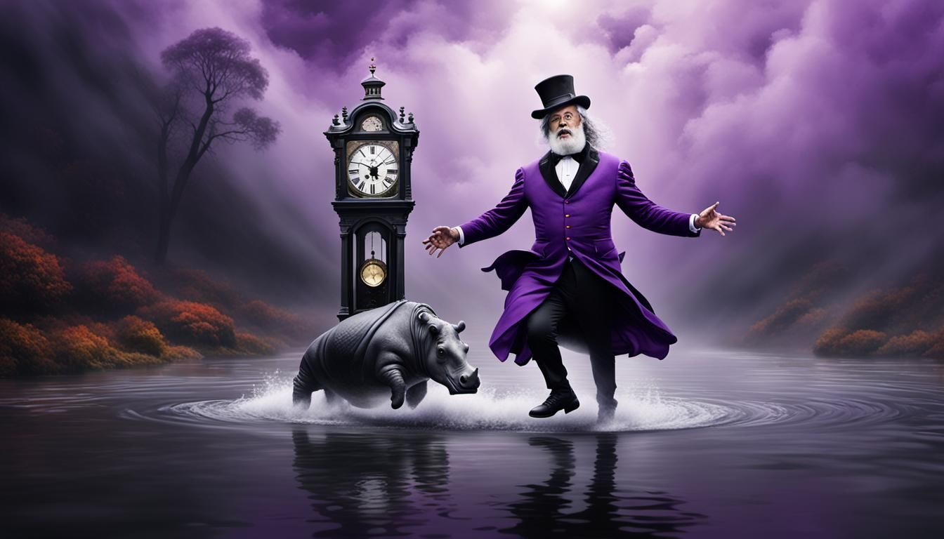 Surreal Pilgrim Dances on Hippo in Dreamscape