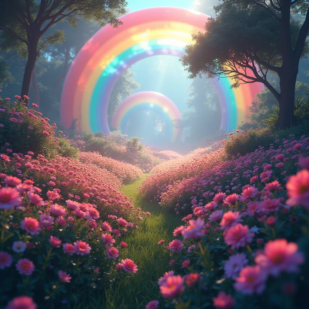 Vibrant Rainbow Flower Field with Lush Greenery