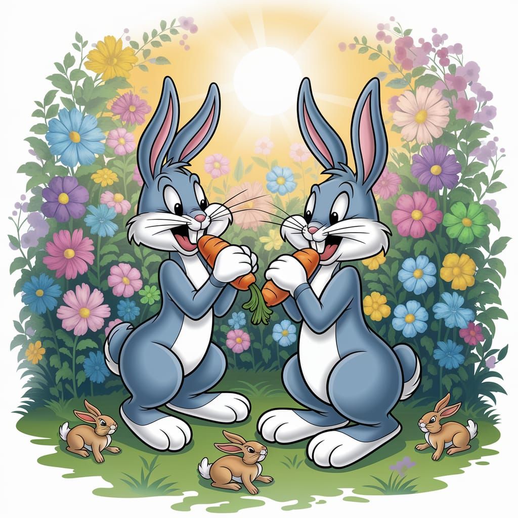 Bugs Bunny and Easter Bunny Share Carrots in a Vibrant Garde...