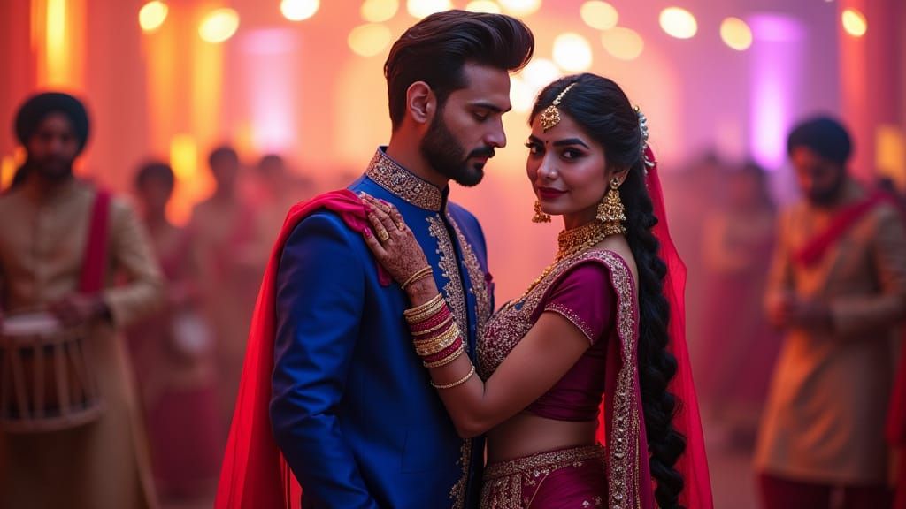 Vibrant Bollywood Wedding Scene with Punjabi Couple