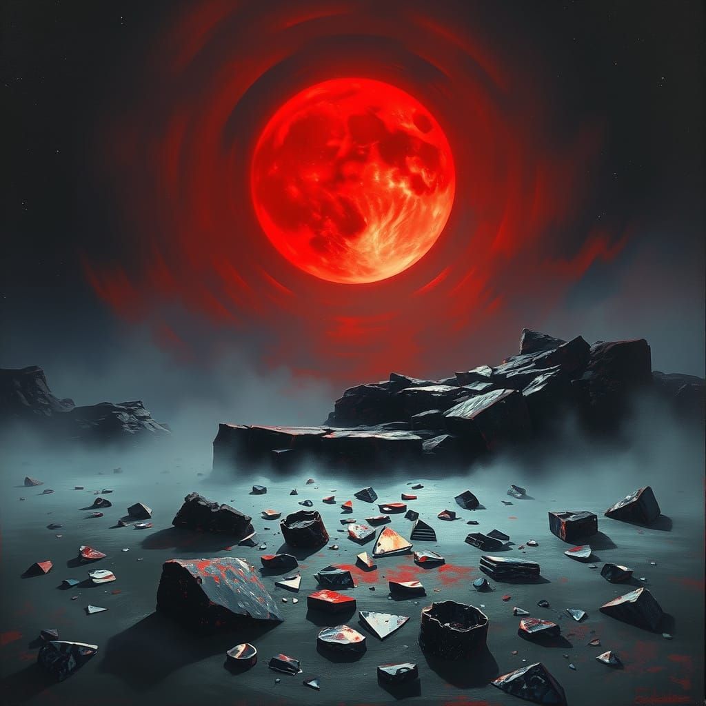 Surreal Night Scene Under Blood Moonlit Sky