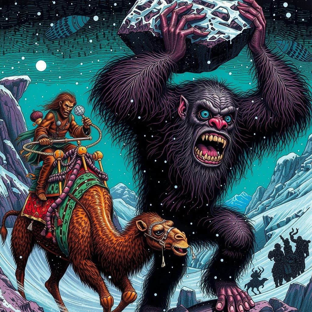 Psychedelic Underground Comix Style Giant Primate in a Snowy...