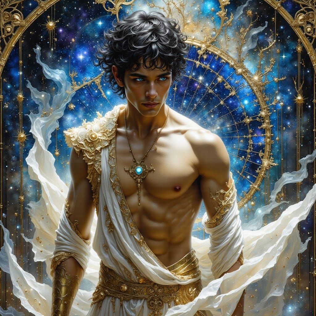 Celestial Man in Art Nouveau Cyberpunk Cityscape