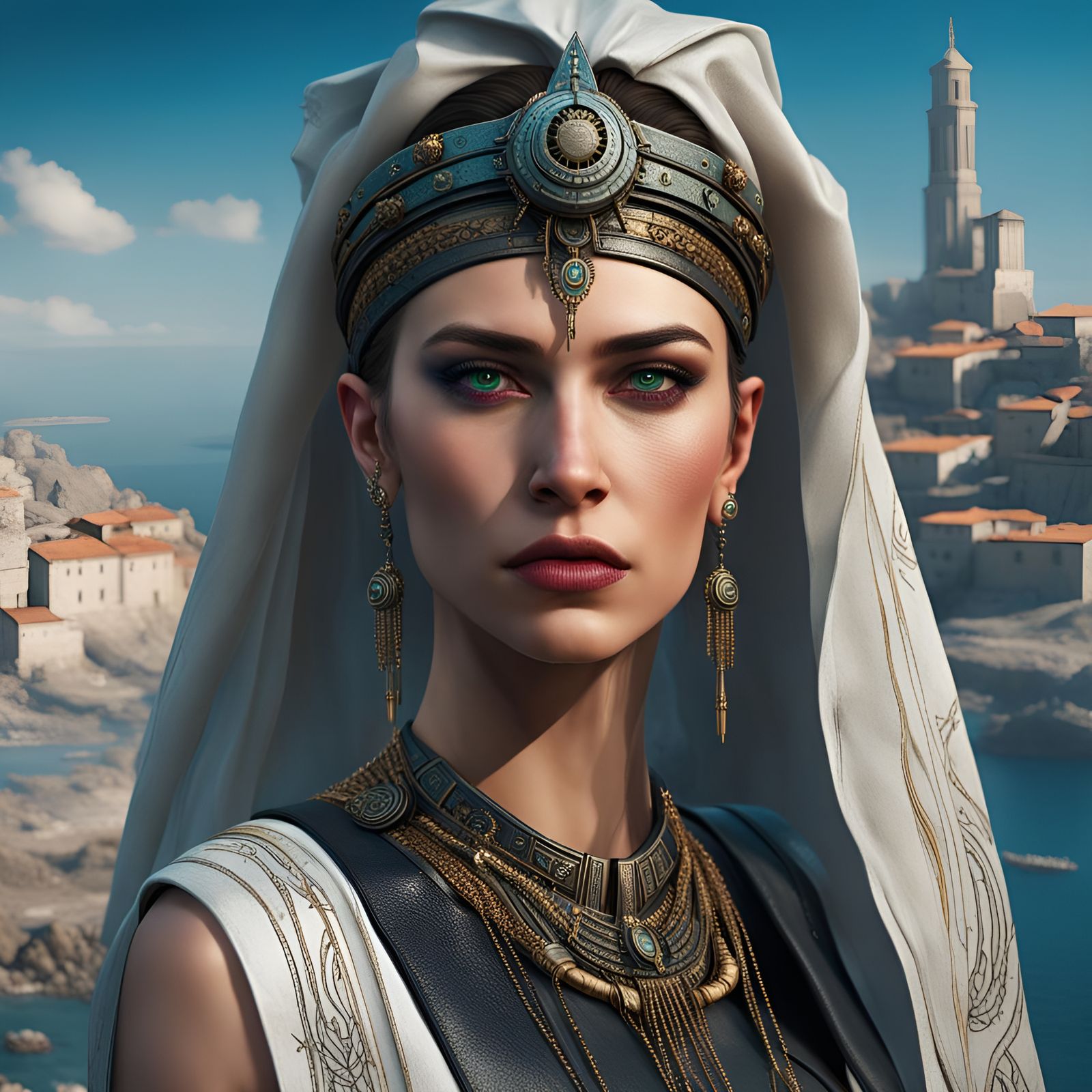 Queen Teuta in Cyberpunk Style with Balkan Motifs