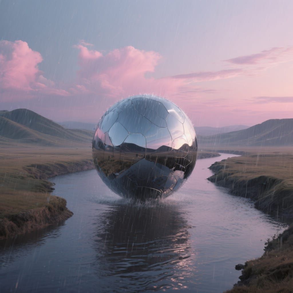 Chrome Sphere Above River in Surreal Landscape