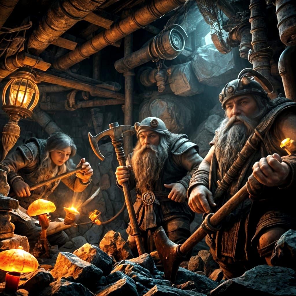 Dwarfs in a Hyper-Realistic Fantasy Mine Scene