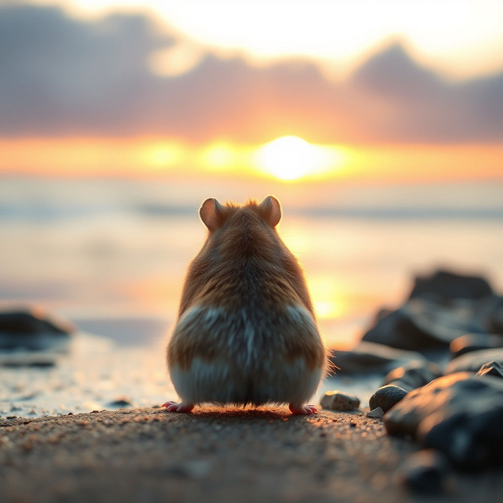 Hamster Contemplates Sunset on the Beach in Dreamy Landscape...