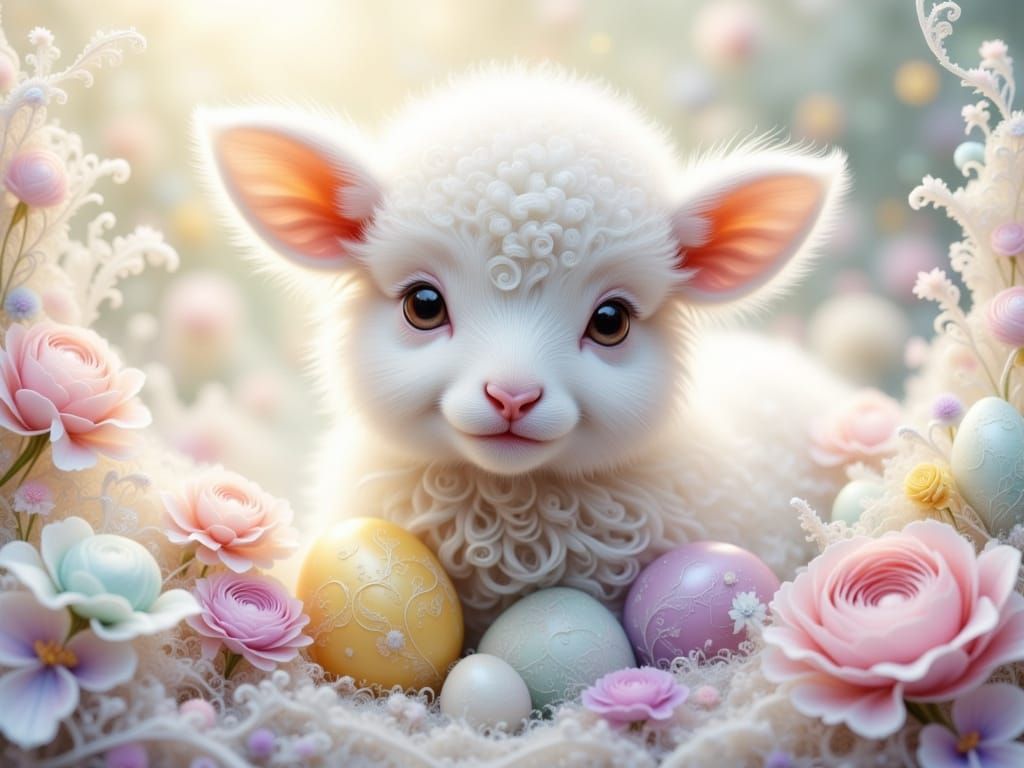 Dreamy White Lamb in Whimsical Fractal World