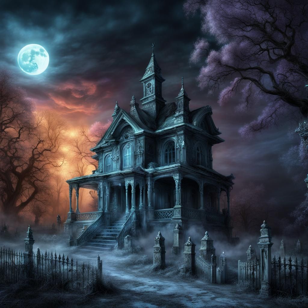 Glowing Haunted House Under Bioluminescent Moon