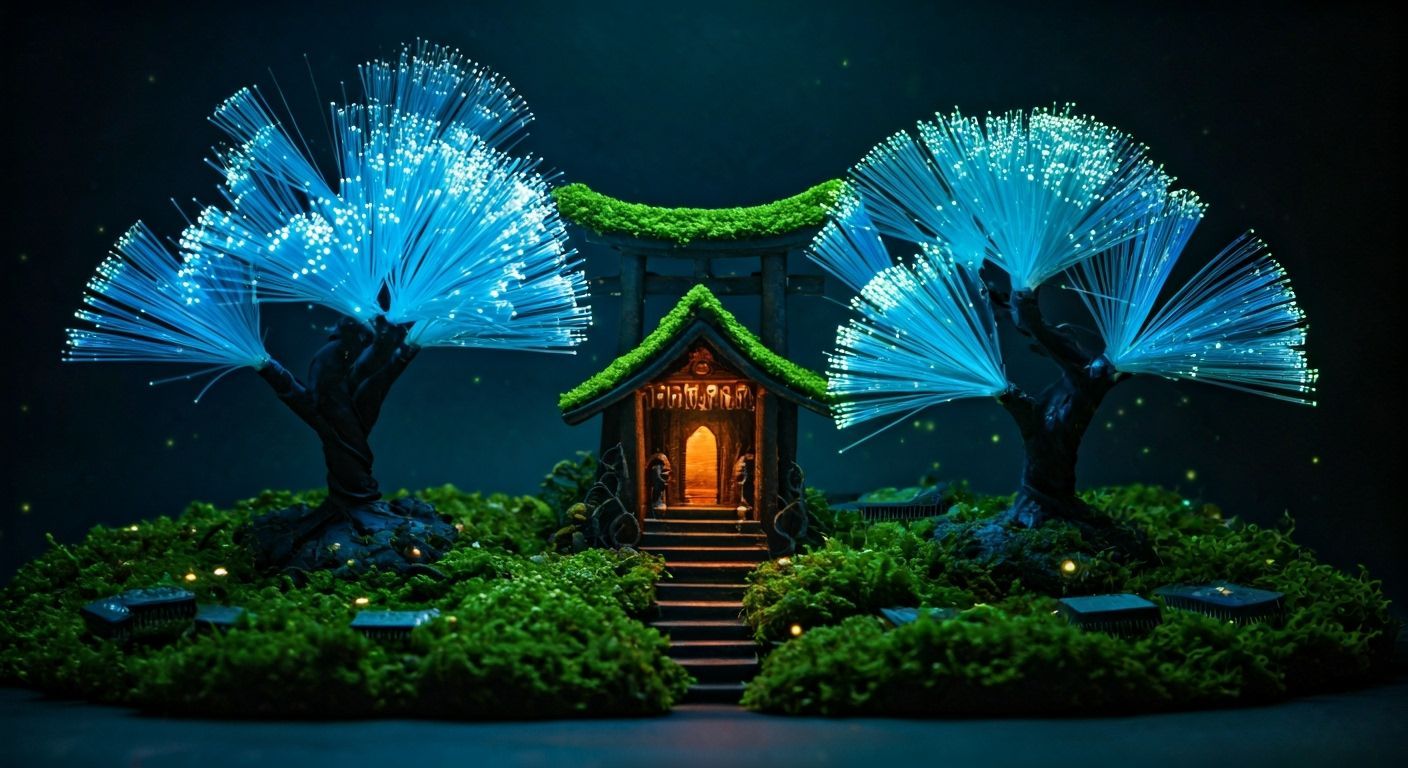 Cyberpunk Shrine in a Neon Nanoforest