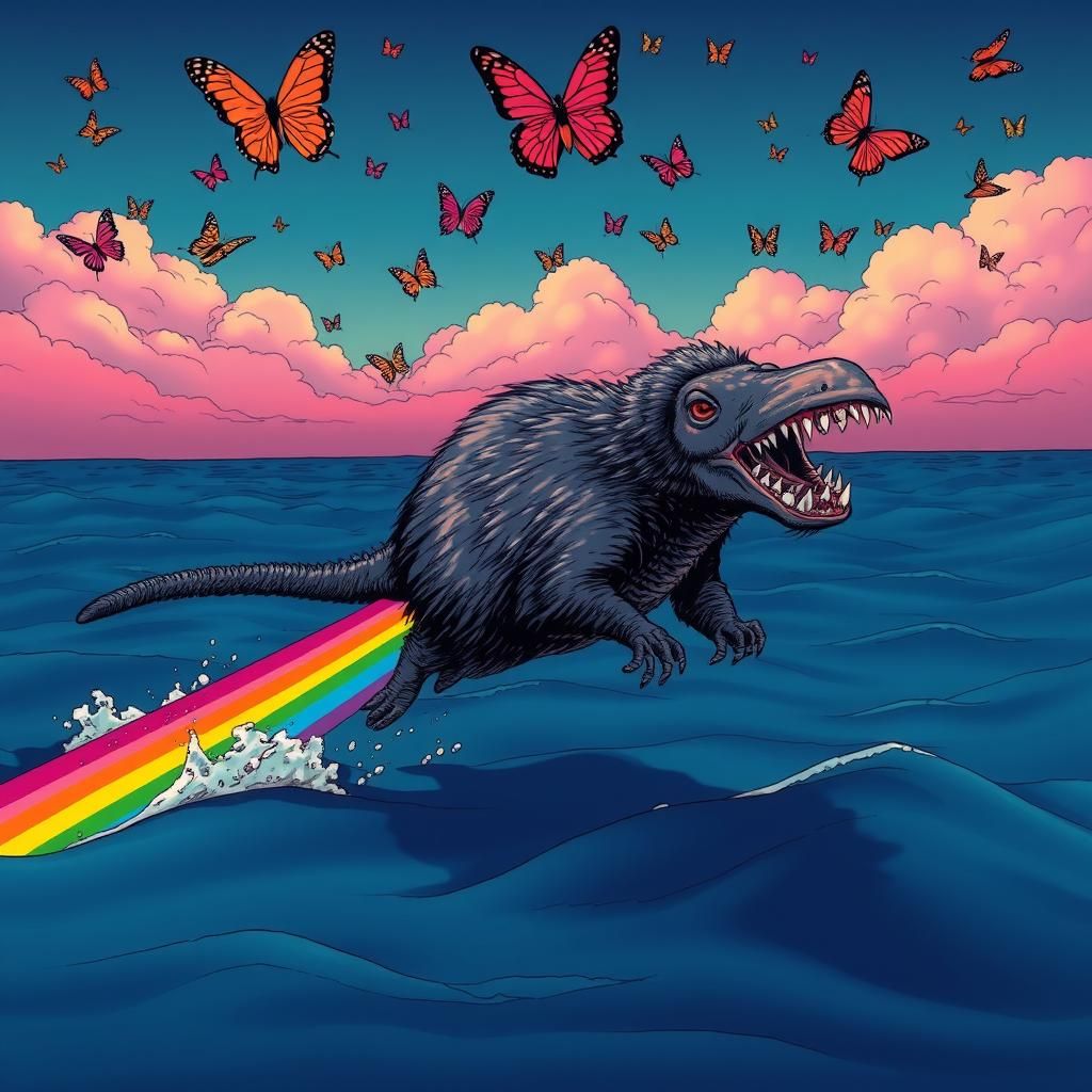 Surreal Platypus Attacked by Rainbow, Junji Ito Style