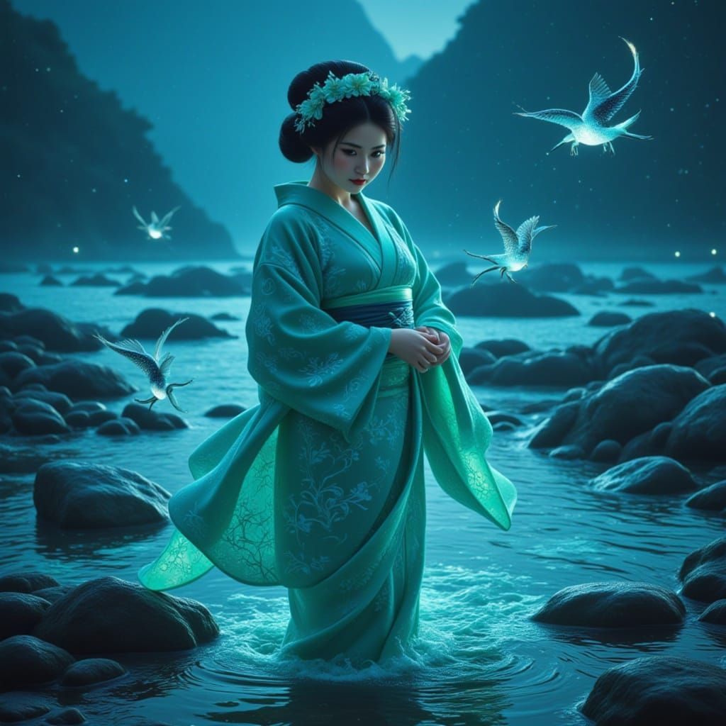 Ocean Priestess in Teal Kimono: Dreamy Ethereal Style