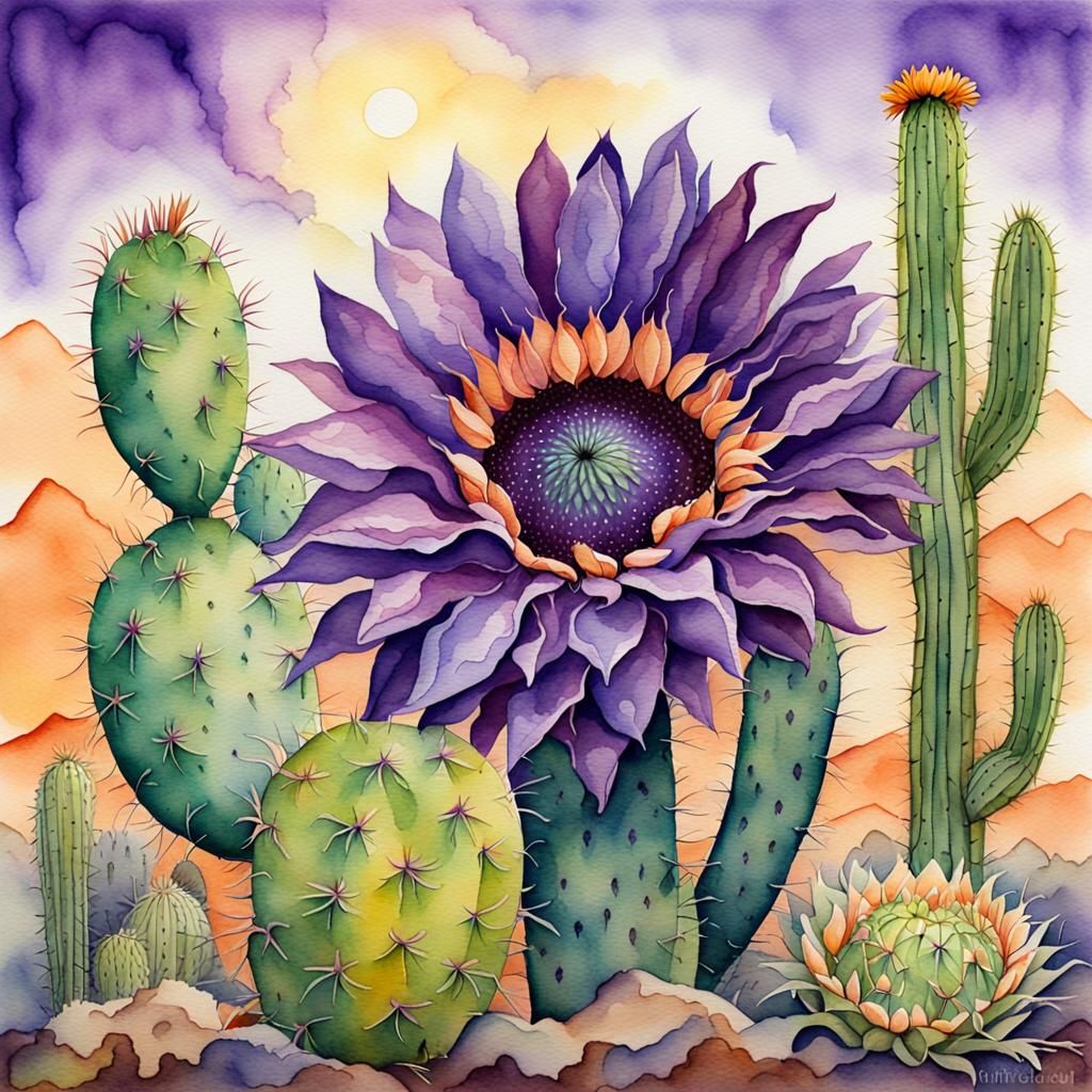 a watercolor painting of a purple sunflower and cactus, awar...