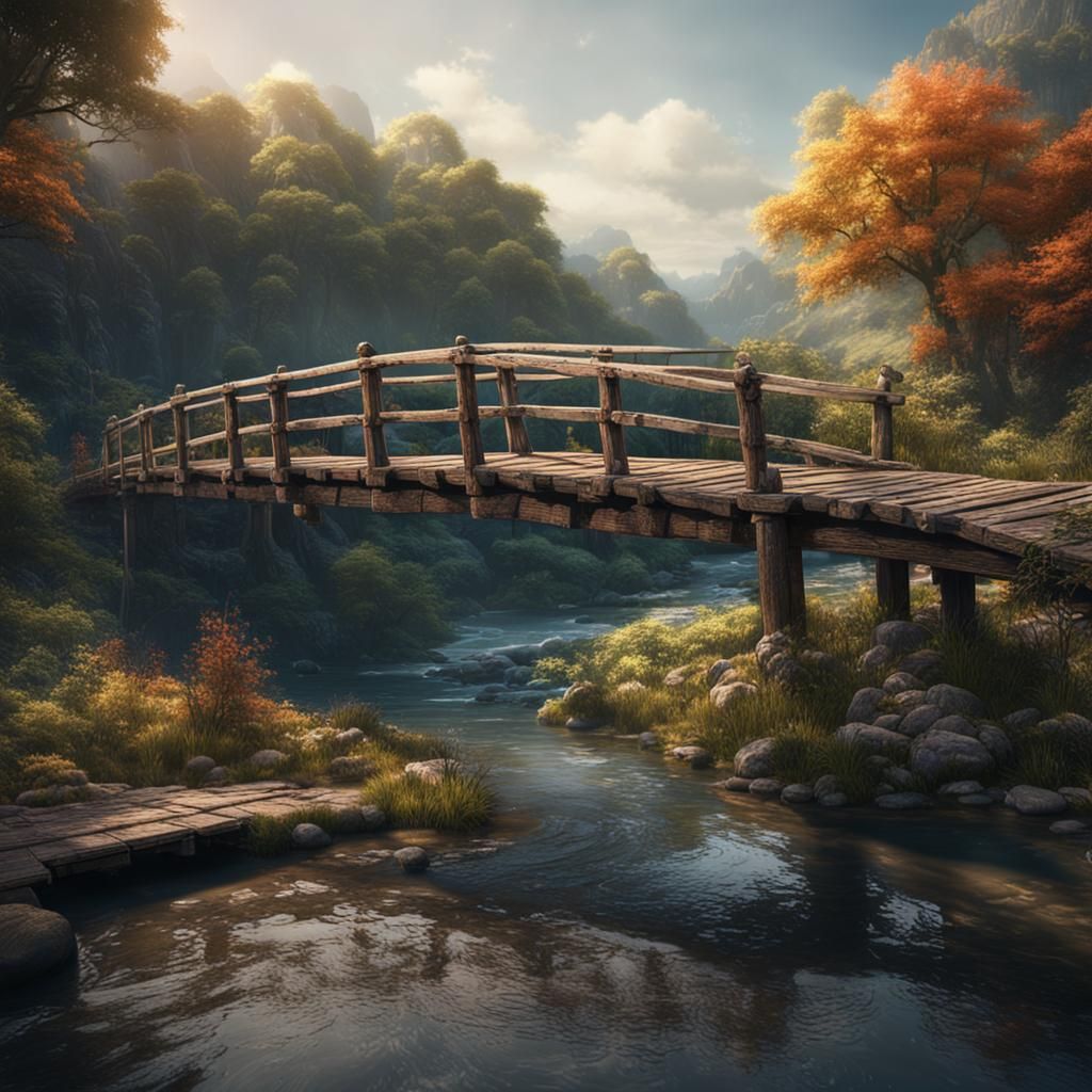 Old Wooden Bridge Over River: Fantasy Concept Art