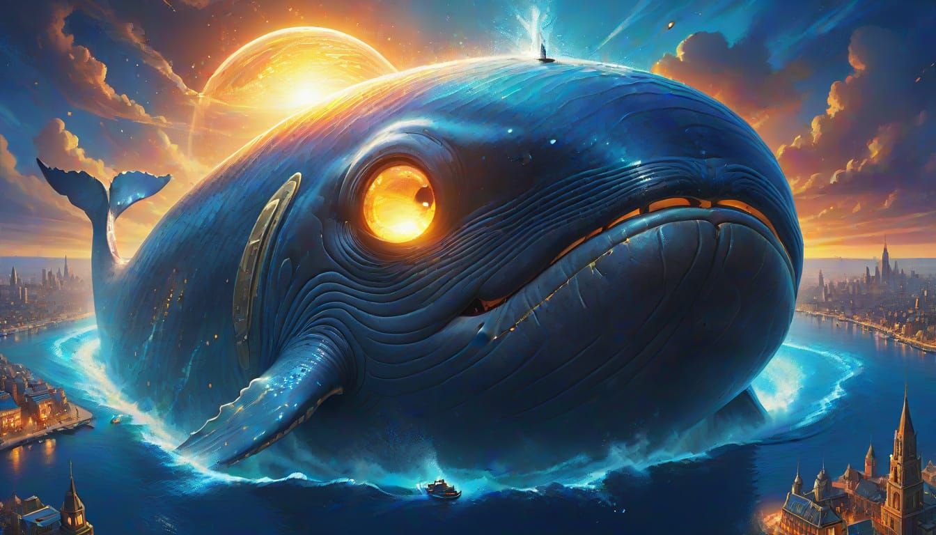 Cosmic Whale with Golden Eye and Luminous City
