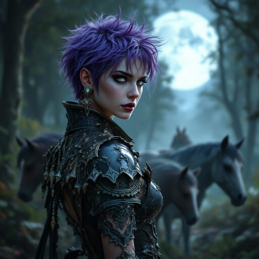 Gothic Female Warrior in Forest Clearing