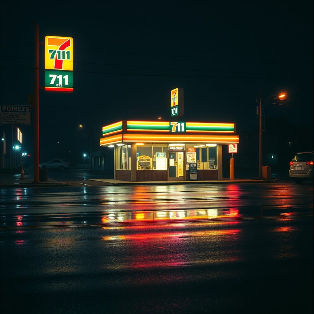 Cinematic Nighttime Deserted 711 Store with Neon Reflections