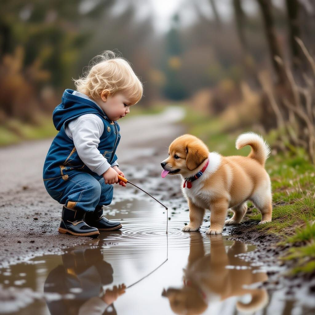 Toddler and Puppy Fishing in a Puddle