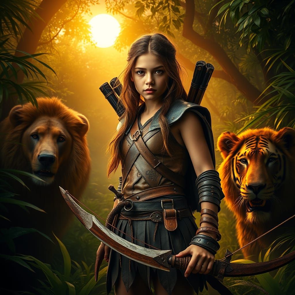 Girl Stands Tall in Lush Jungle, Surrounded by Majestic Pred...