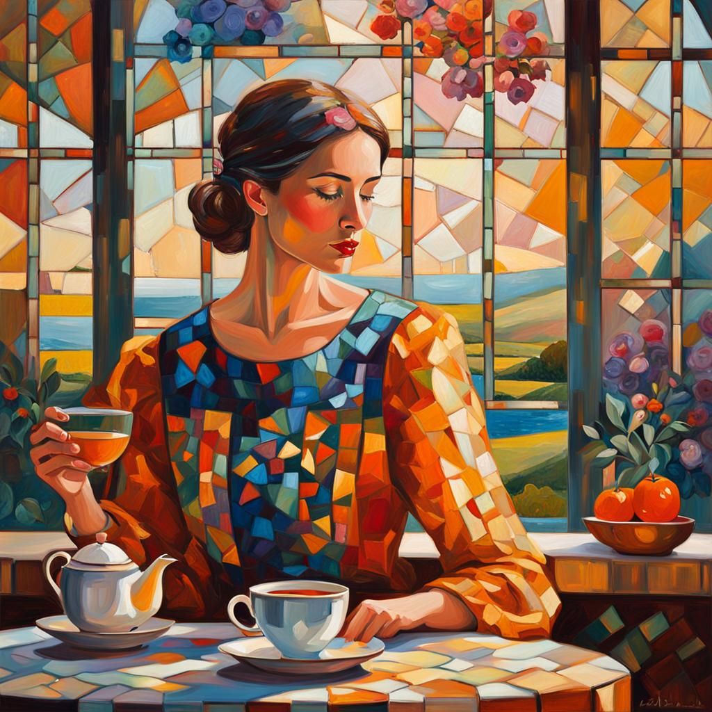 Whimsical Woman Sips Tea: Expressionist Oil Painting
