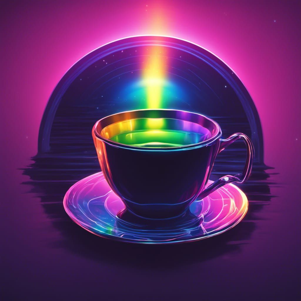 Rainbow Glowing Teacup with Dark Sun in Synthwave Style