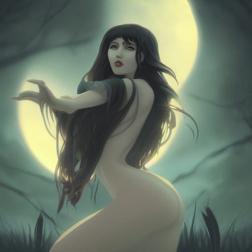 Sensual Vampire Woman Under the Moon in Digital Art