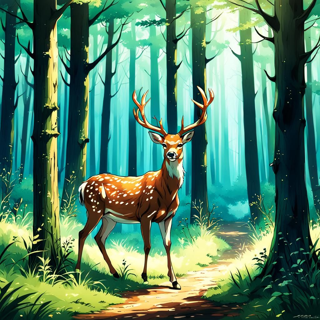 Deer in Forest, Anime Style Digital Art