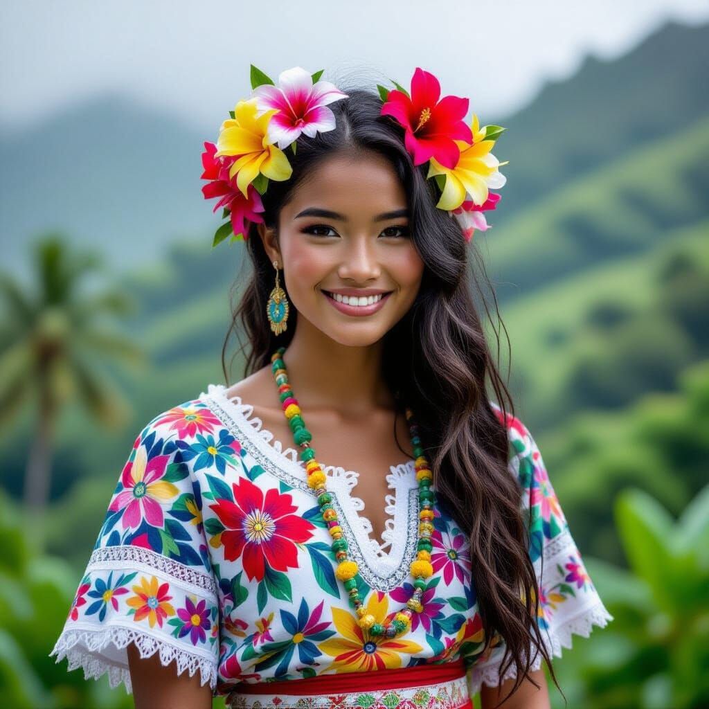 Samoan Girl in Traditional Floral Attire