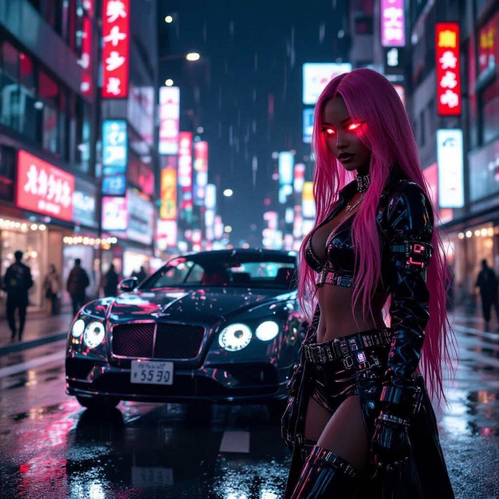 Gyaru Woman in Cyberpunk Tokyo Next to Bentley