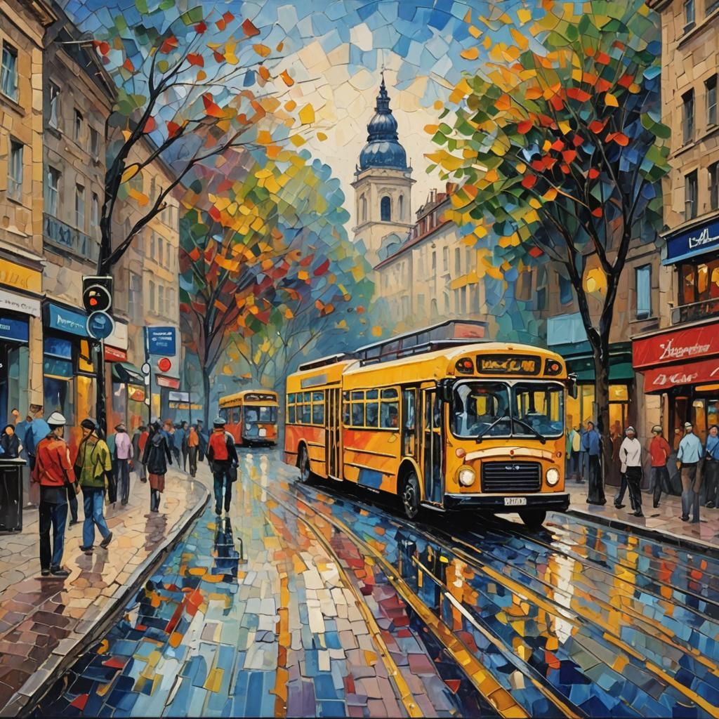 Bus in Expressionist Neo-Impressionist Oil Painting Style