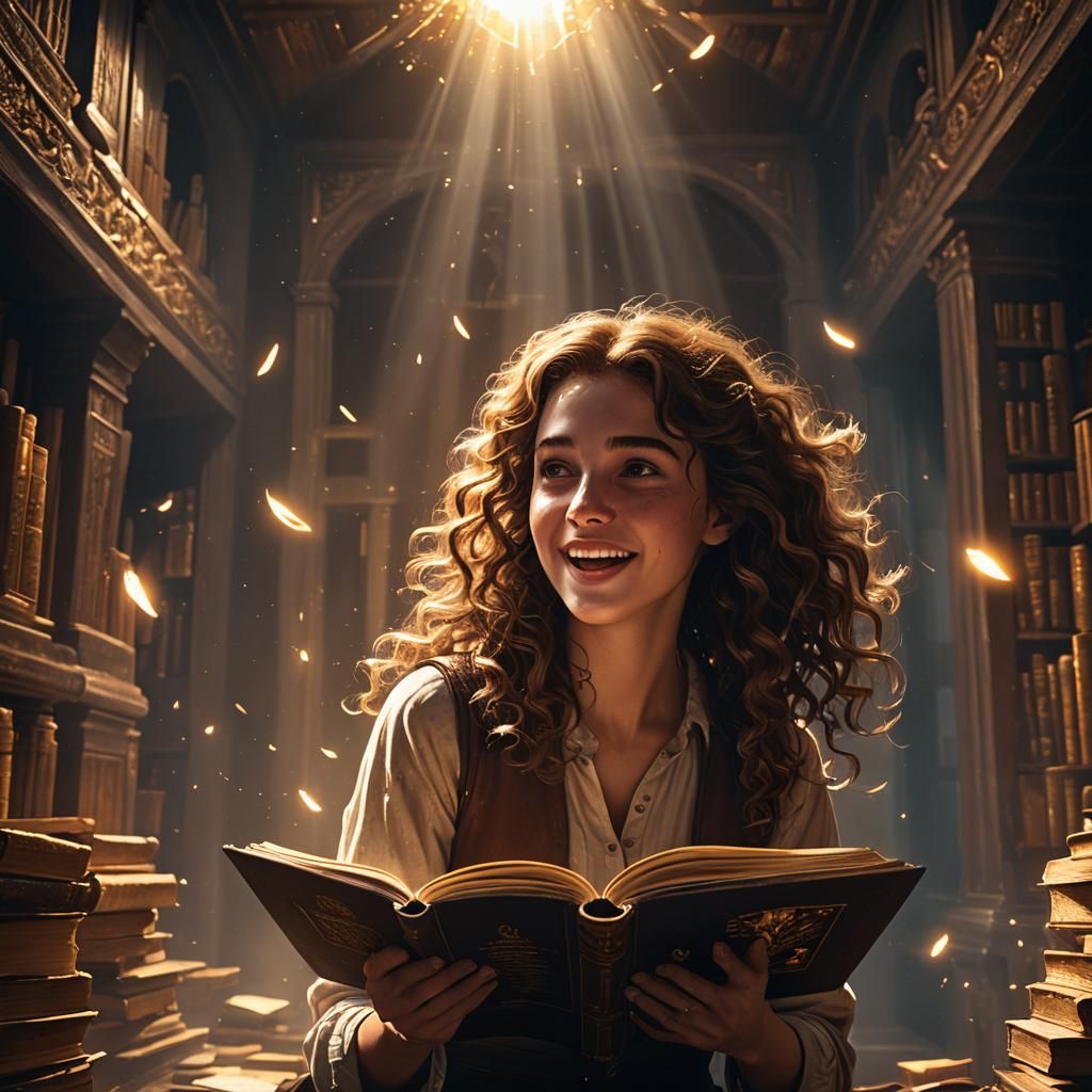 Girl Discovering Magical Book in Dark Room