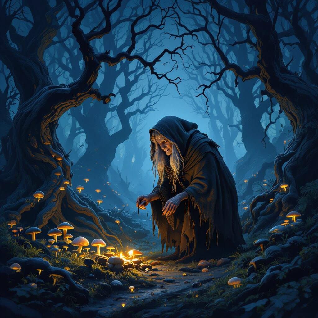 Baba Yaga Forages for Glowing Mushrooms in Ancient Forest