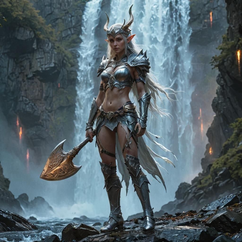 Female Elf with Axe Near Waterfall, Fantasy Art