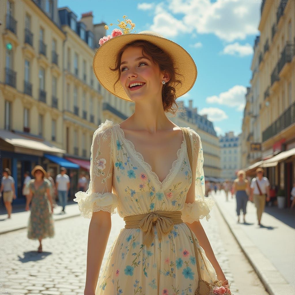 Elegant European Woman Strolling in Parisian Spring