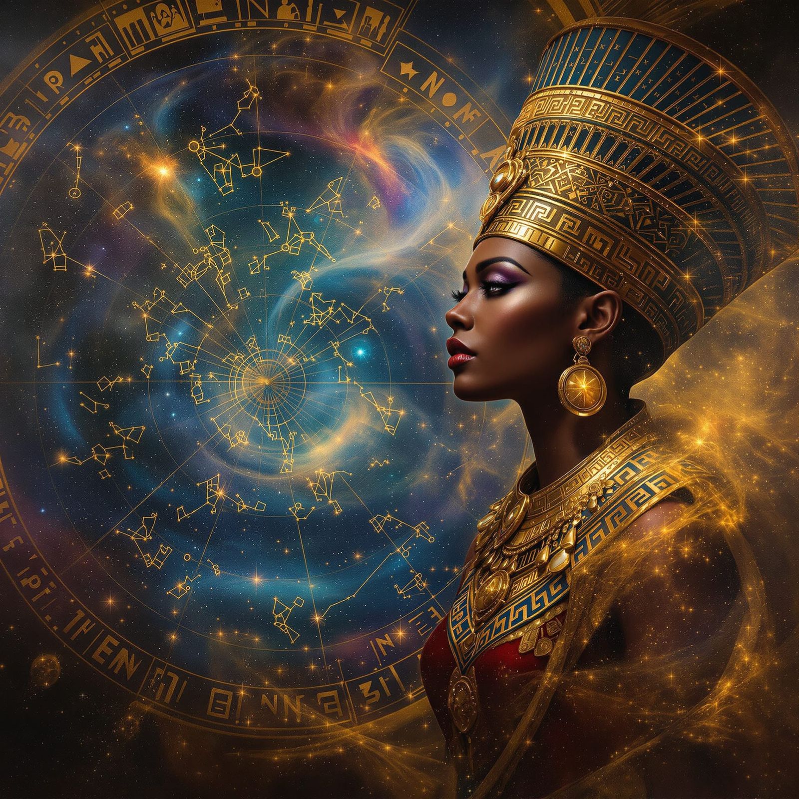 Nubian Queen Gazes at Celestial Map in Divine Oil Painting S...