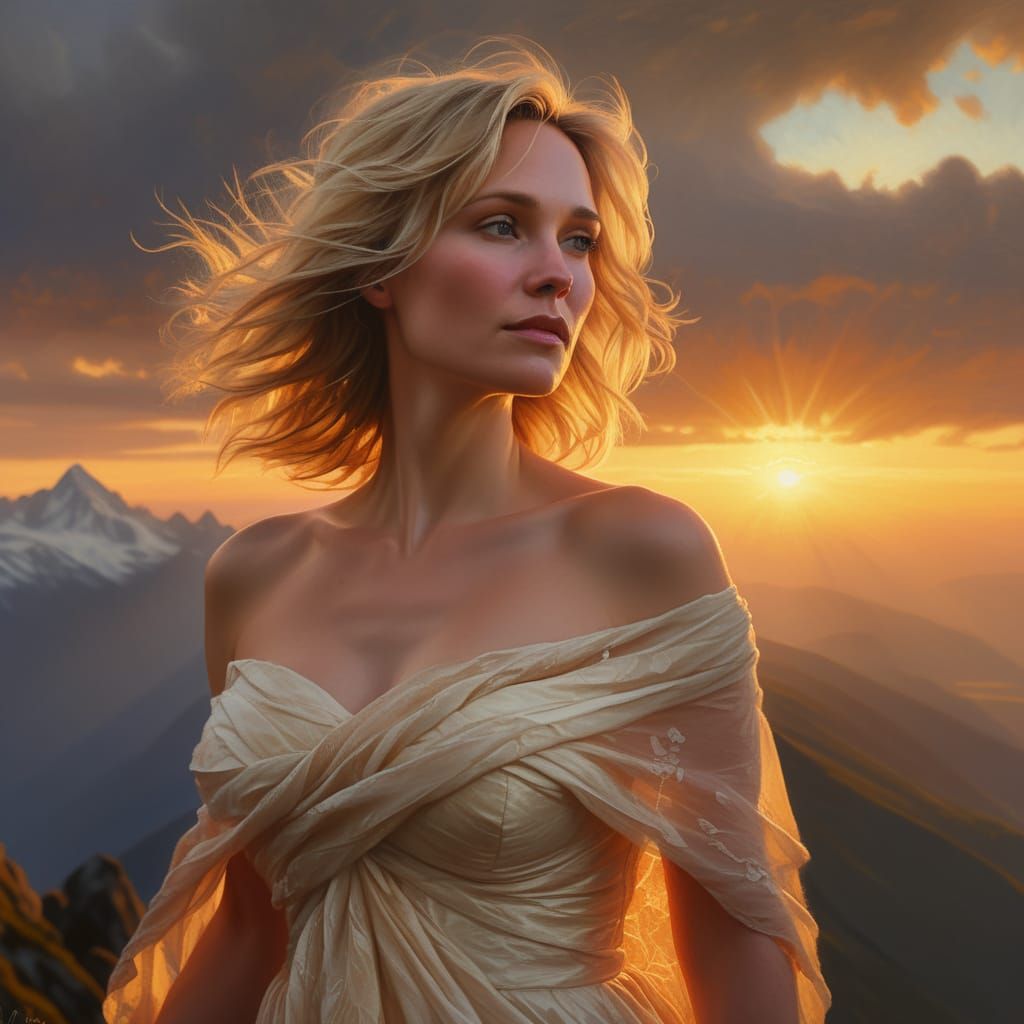 Ethereal Portrait of a Blonde Goddess in Warm Hues