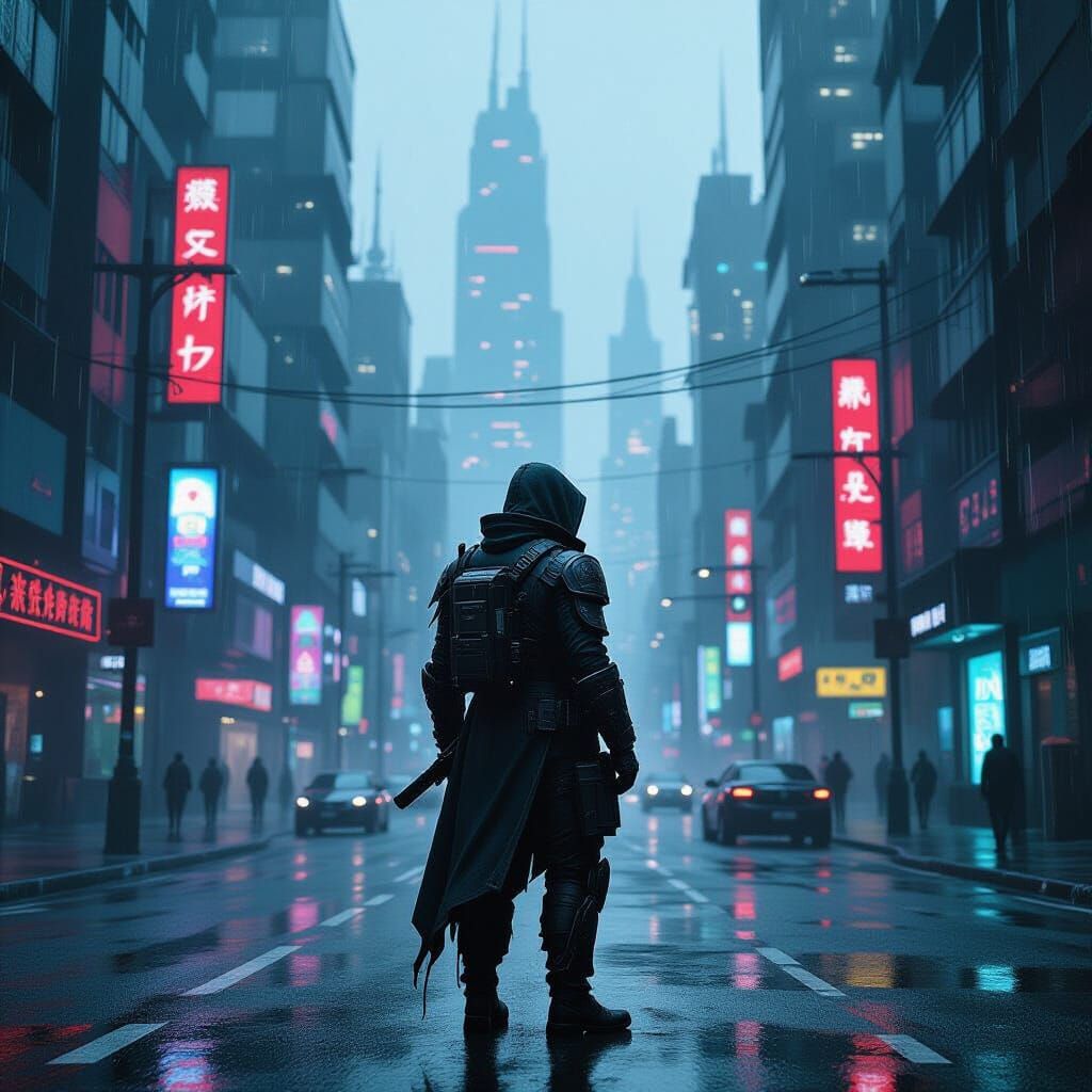 Cyberpunk Soldier on Rain-Slicked Street in Neon Metropolis