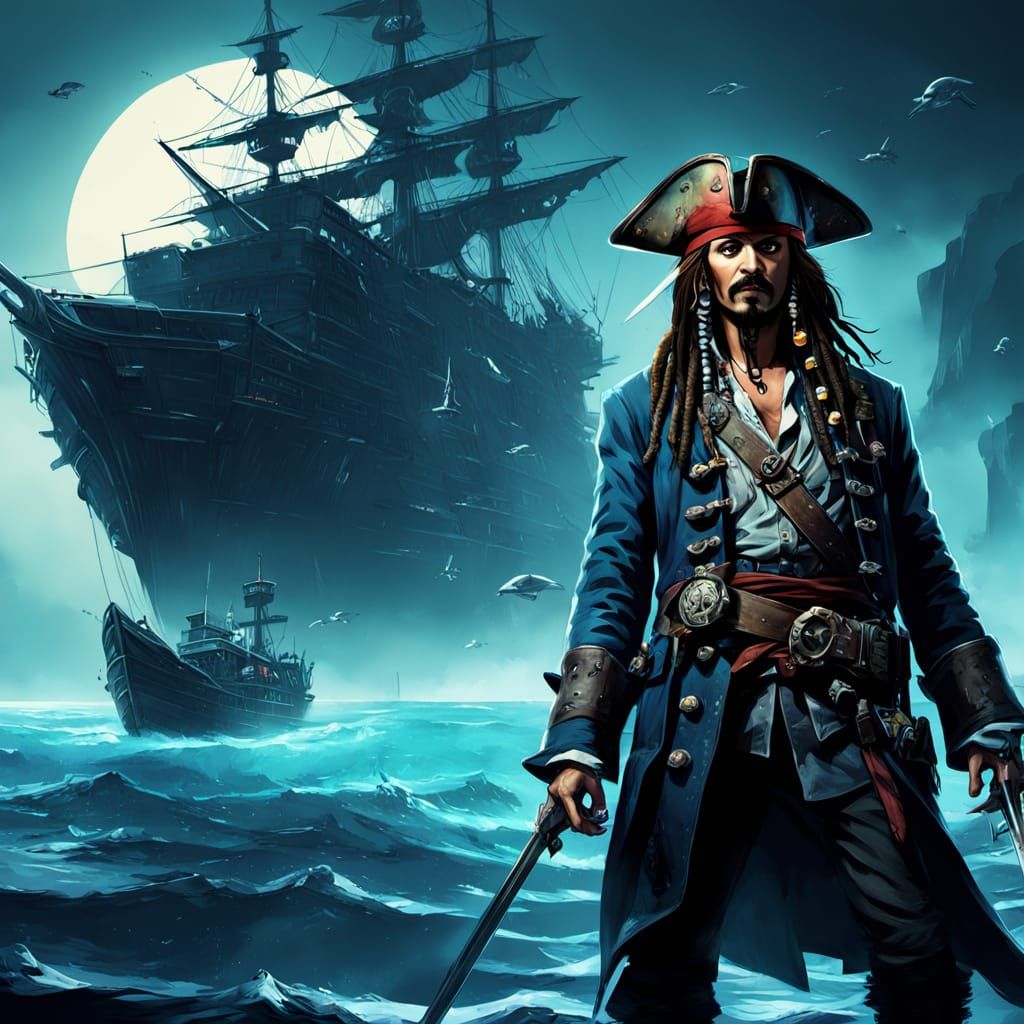 Futuristic Jack Sparrow Fishing in Cyberpunk Sci-Fi Art