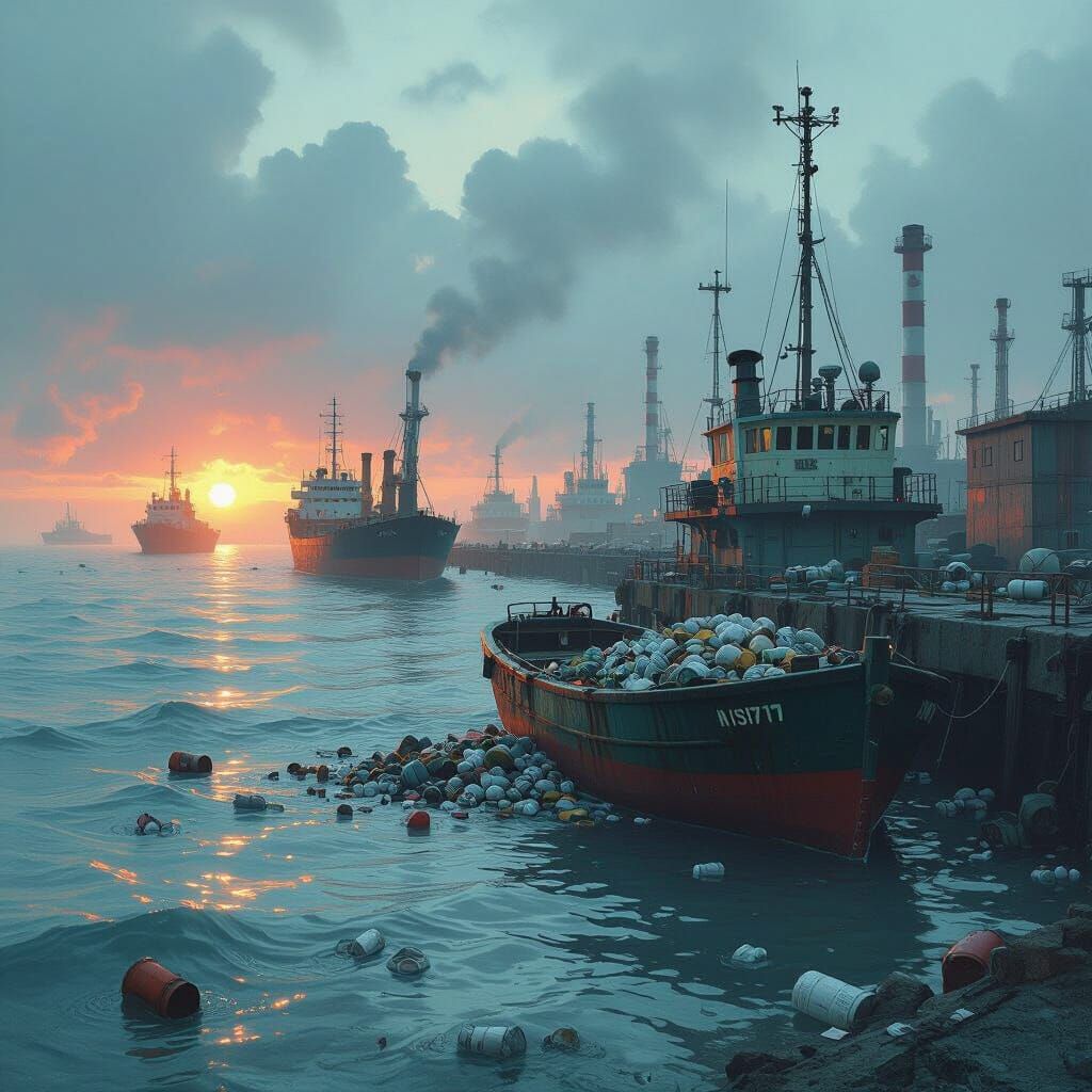 Dystopian Industrial Harbor with Rising Floodwaters