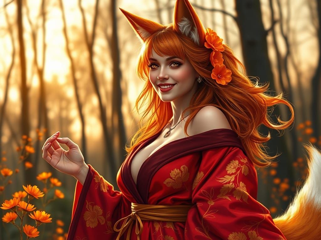 Fox-Eared Woman Dancing in Sunset Forest, Graffiti Art