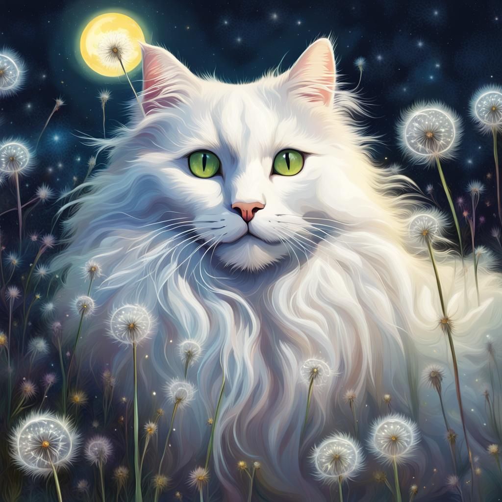 White Cat in Dandelion Field Under Jeweled Stars