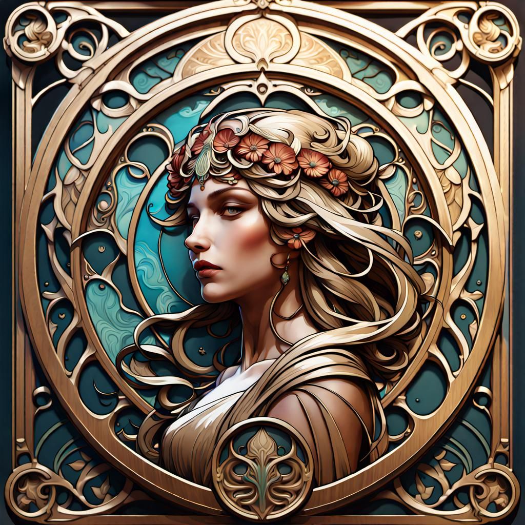 Art Nouveau Fantasy Plaque in Alphonse Mucha Style