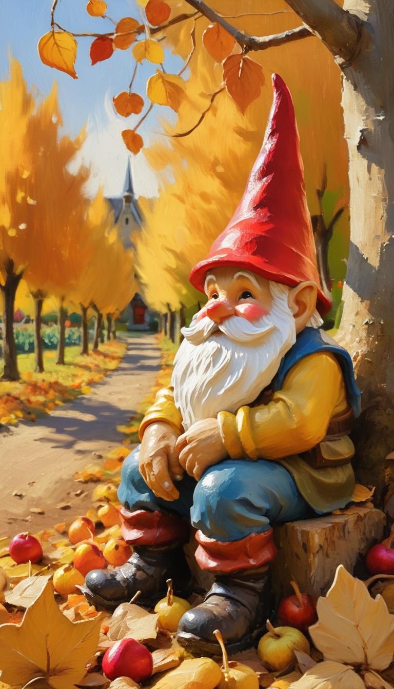 Garden Gnome in Autumn Orchard Folk Art