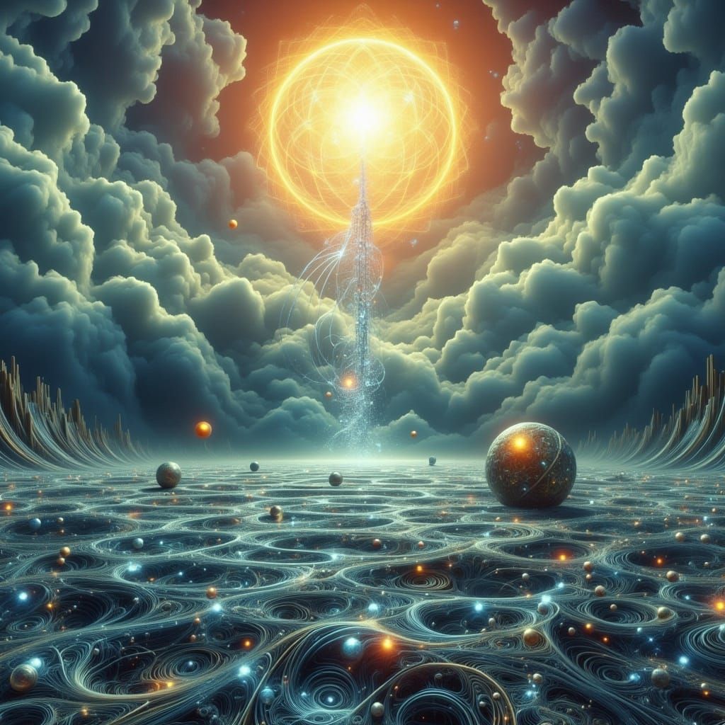 Surreal Landscape with Frozen Sun and Quantum Entanglement