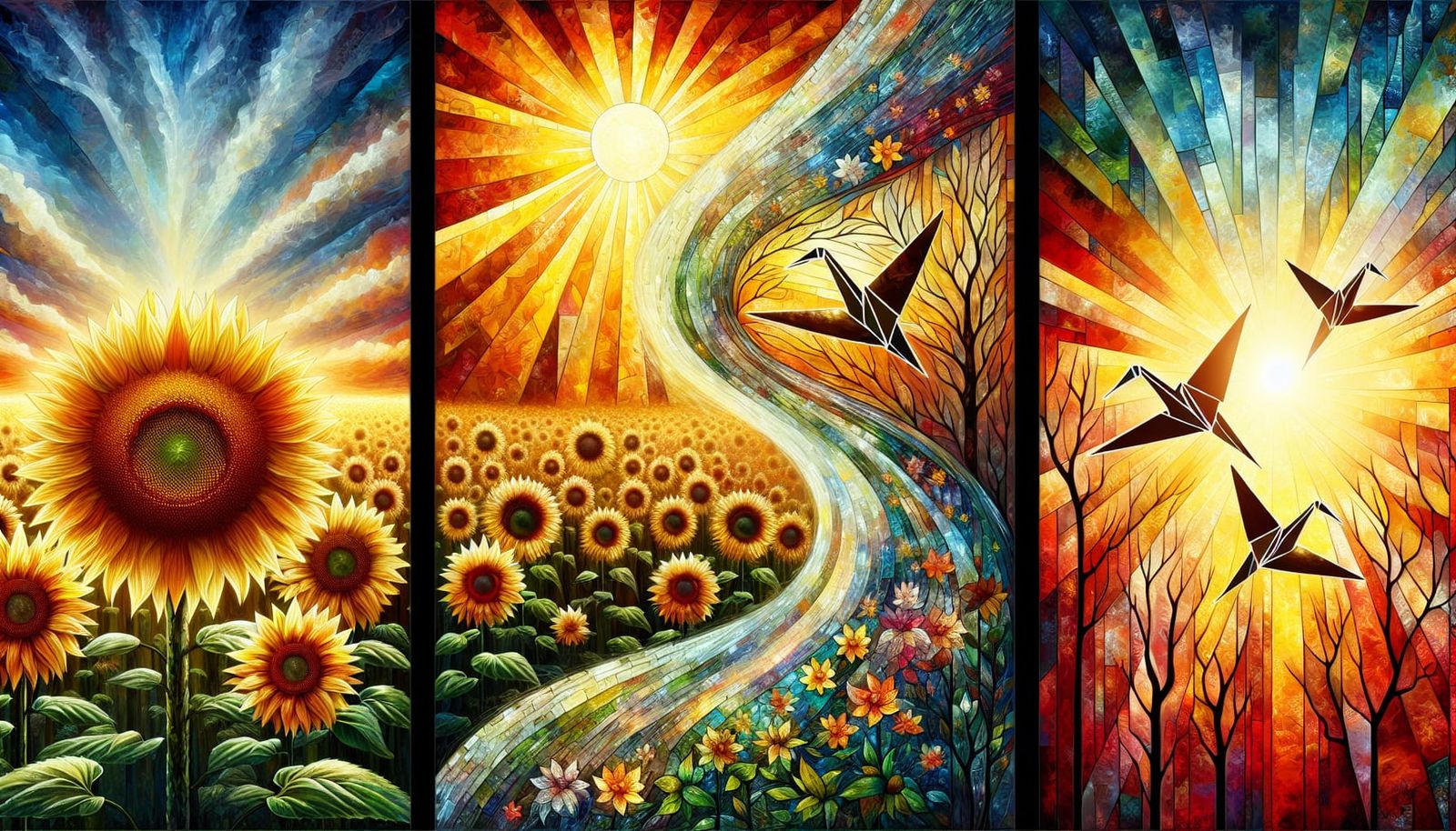 Sunflower Triptych: Field, Stained Glass, Origami