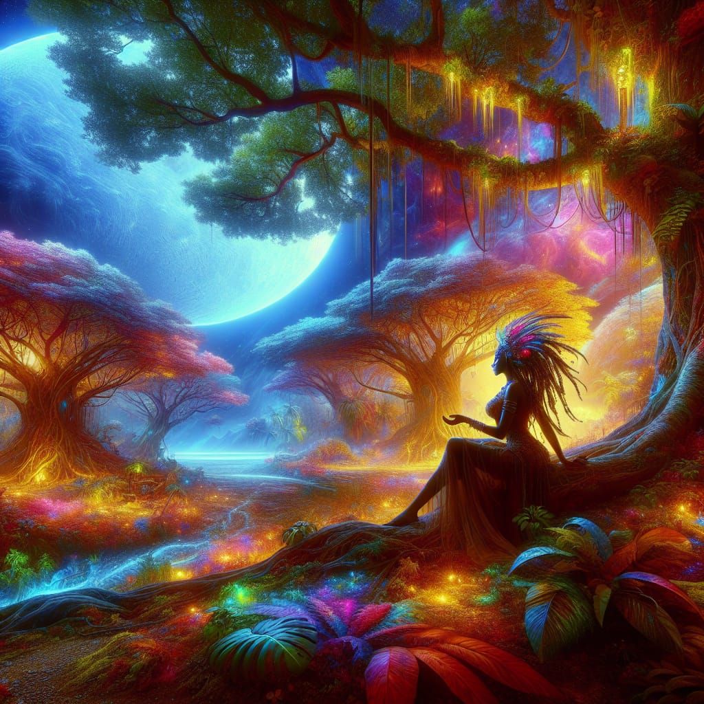 Caribbean Woman in Enchanted Moonlit Forest