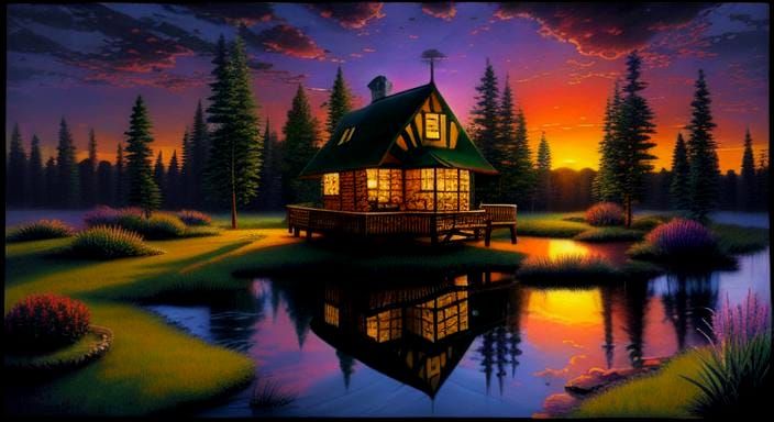 Sunset Pond Cabin in Luminous 3D Style