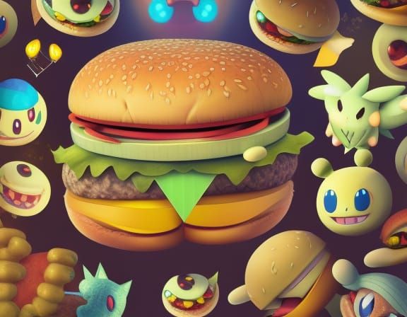 Cute wacky delicious-burger-monster ; Pokémon dream worlds::, Sensational, Cyberprep, Fotocollage, low angle, Maya rende...