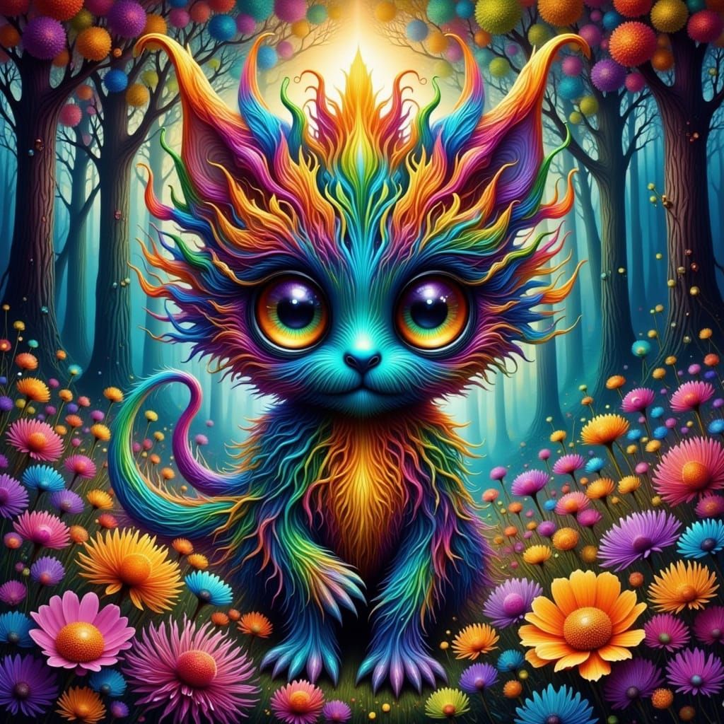 Whimsical Mythical Creature in a Kaleidoscopic Forest