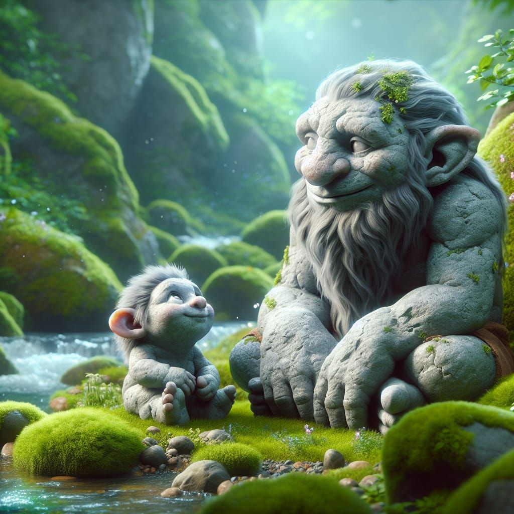 Stone Troll Father and Baby in Forest Clearing